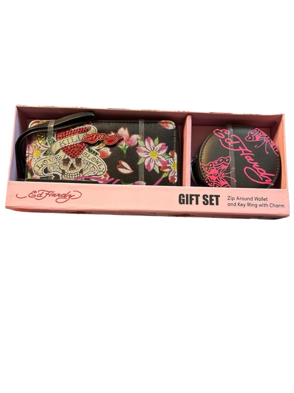 Ed Hardy Black Wallet & Pink Accent Key Ring Floral Skull Gift Set